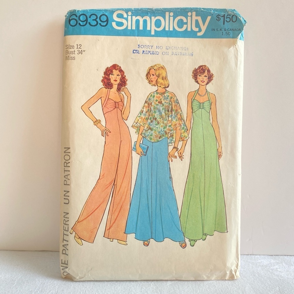 Vintage Simplicity Wide Leg Jumpsuit Halter Dress & Poncho Sewing Pattern 6939